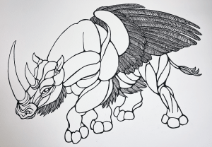 Flying rhinocorn ink outlines