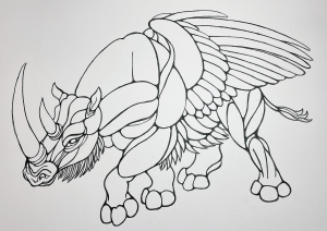 Flying rhinocorn ink outlines